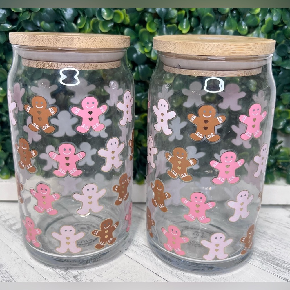 Peppermint & Pine Christmas Gingerbread Pink Glass Coffee Tumbler Bamboo Lid
